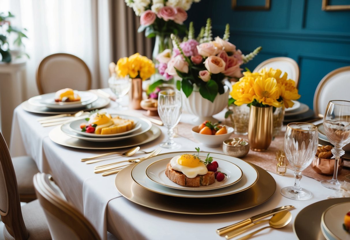 A beautifully set table with elegant place settings and a variety of delicious brunch dishes, surrounded by flowers and decorative elements