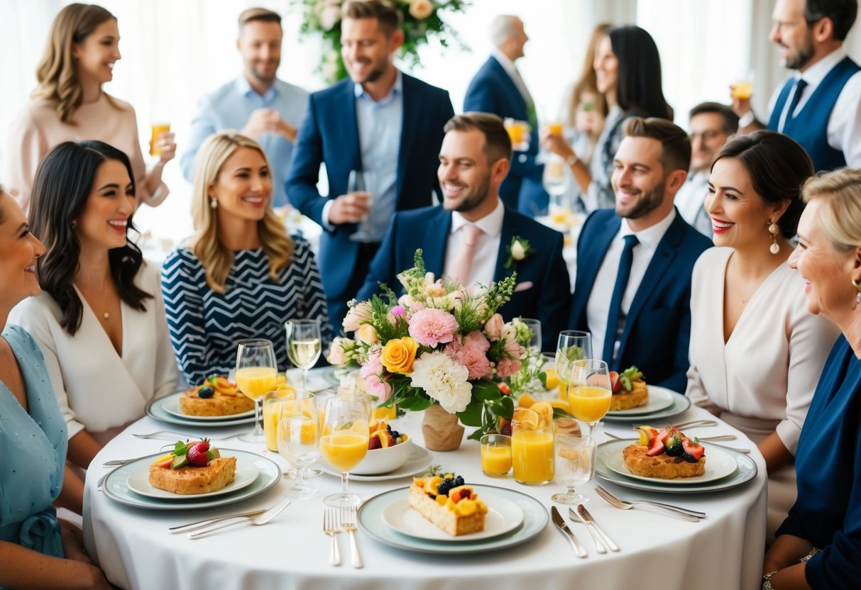 A table set with elegant place settings, fresh flowers, and a variety of delicious brunch dishes, surrounded by cheerful guests mingling and enjoying the celebration