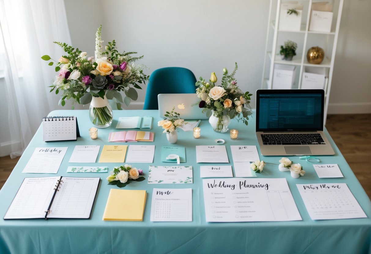 A table covered in wedding planning materials, from checklists and invitations to fabric swatches and floral arrangements, with a calendar and laptop nearby