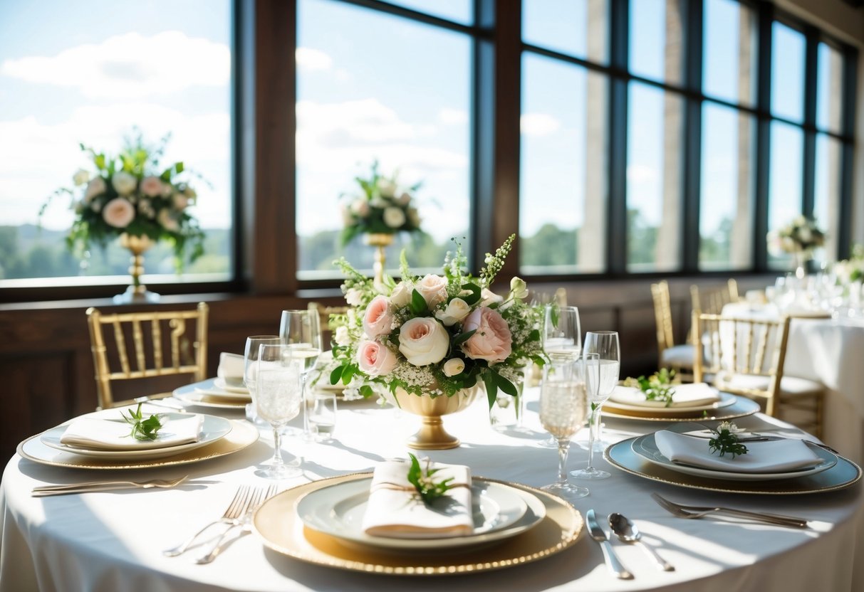 A beautifully set table for a wedding brunch, with elegant place settings, floral centerpieces, and sunlight streaming in through large windows
