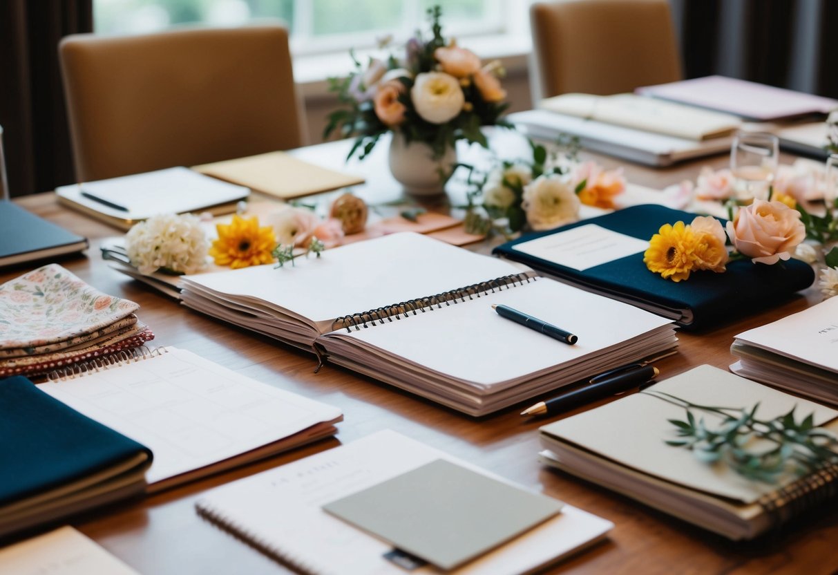 A table covered in wedding planning materials, from fabric swatches to flower samples, with a notebook and pen for jotting down ideas
