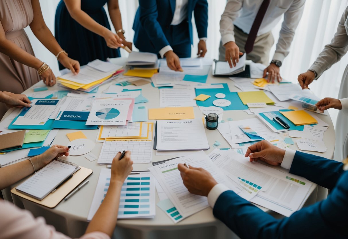 A table covered in wedding planning materials, from checklists to fabric swatches, surrounded by a flurry of activity