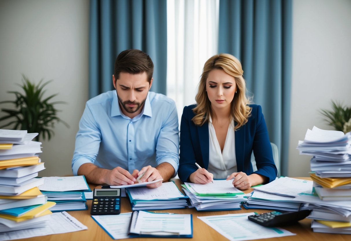 A couple sits at a table covered in wedding planning books and spreadsheets, surrounded by stacks of bills and a calculator. They look stressed but determined