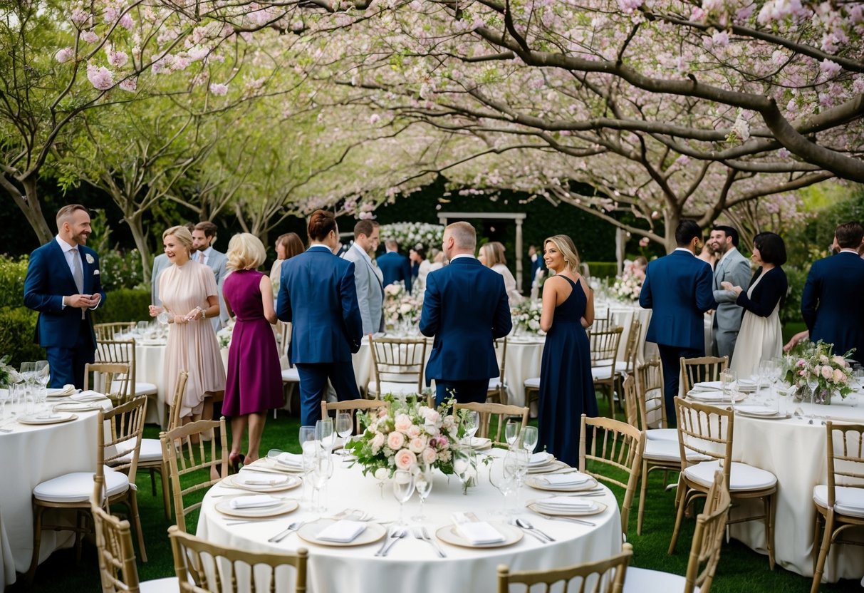 Outdoor garden setting with elegant tables adorned with white linens, floral centerpieces, and delicate tableware. Guests in stylish, semi-formal attire mingle under a canopy of blooming trees