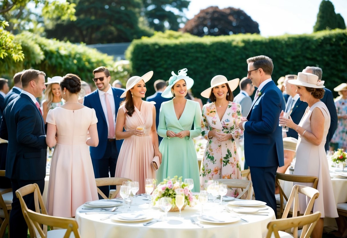 Guests in elegant, daytime attire mingle in a sunlit garden with tables set for brunch. A mix of pastel and floral dresses, suits, and hats are worn