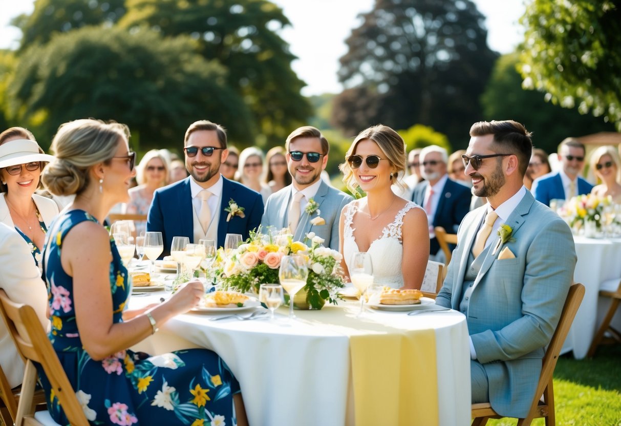 A sunny outdoor brunch wedding with guests in smart casual attire, featuring floral dresses, linen suits, and stylish accessories