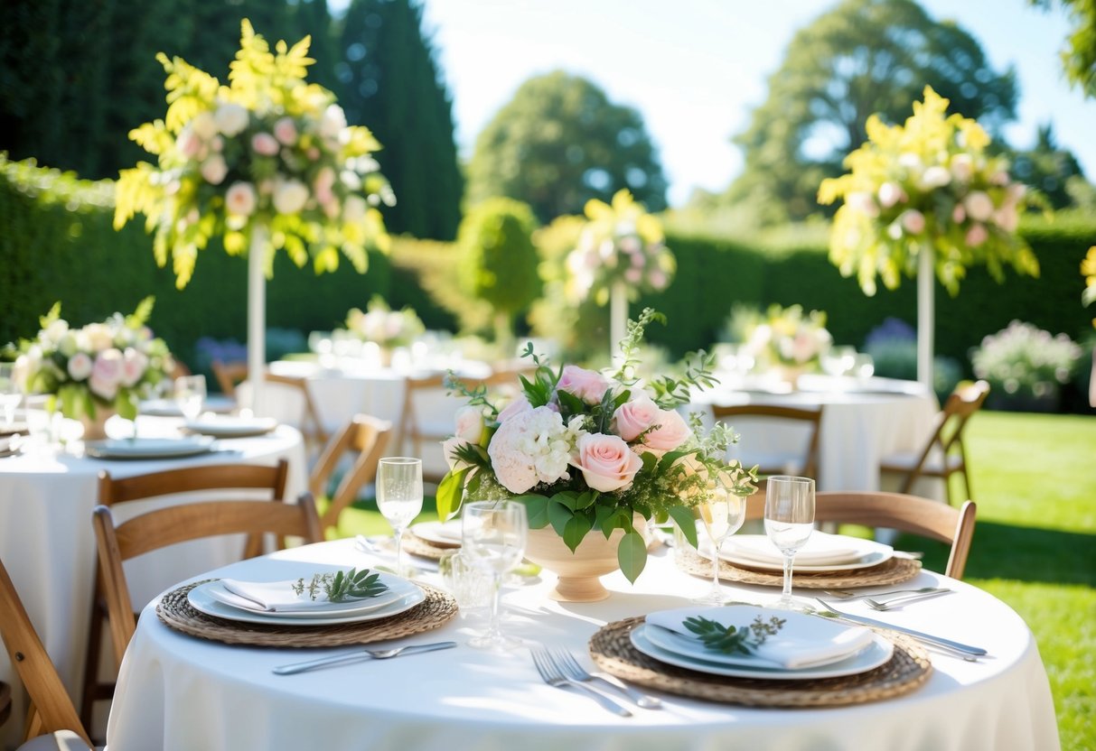 A sunny outdoor garden with tables set for brunch, adorned with elegant floral centerpieces and delicate place settings