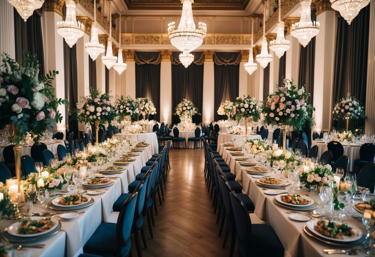 A grand banquet hall with elegant tables adorned with a lavish spread of food and drink, surrounded by ornate decorations and floral arrangements