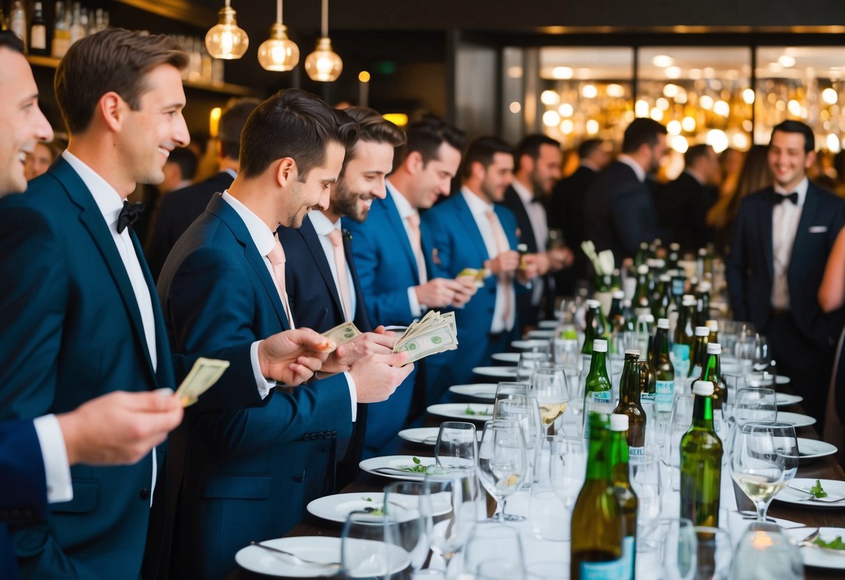 Guests queue at a bar, exchanging money for beverages. Tables are adorned with glasses and bottles. Laughter and chatter fill the air