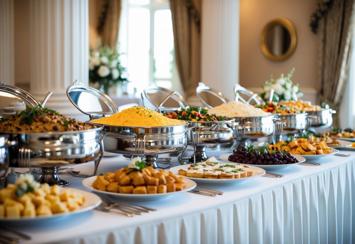 A beautifully decorated wedding buffet with an array of food and drink options, set up in an elegant and inviting atmosphere