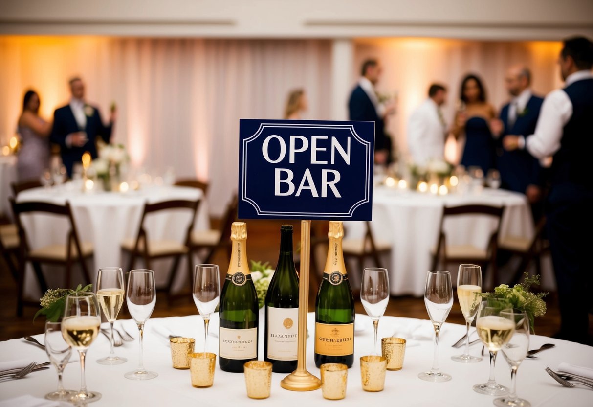 A wedding reception with a sign indicating "Open Bar" and a separate cash bar option. Tables are set with glasses and bottles of wine and champagne