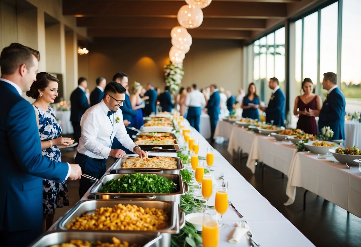 A wedding reception with a buffet spread of food and drink on long tables. Guests serve themselves while mingling and chatting