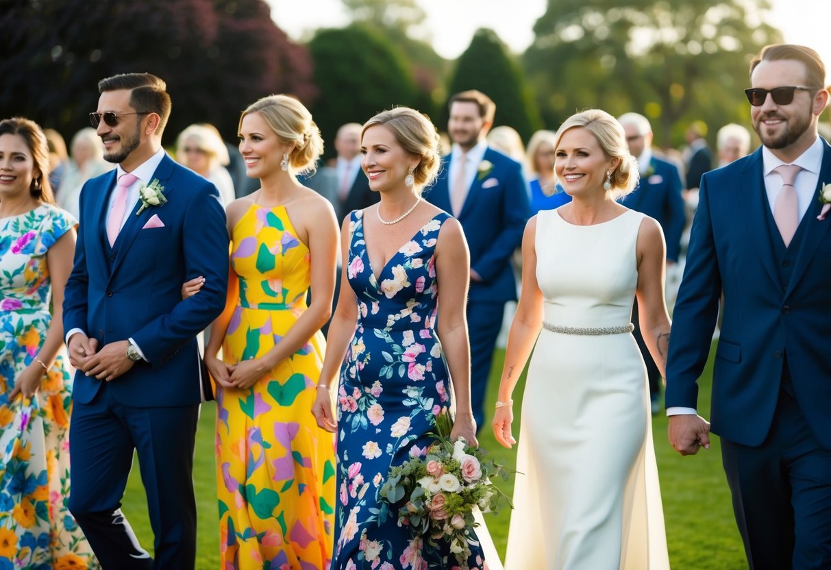 Guests wear elegant attire at a morning wedding: women in colorful dresses and men in suits or formal attire