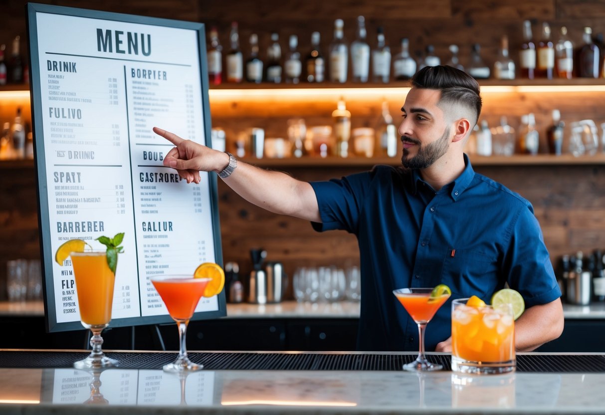 A bartender pointing to a variety of drink options on a menu board