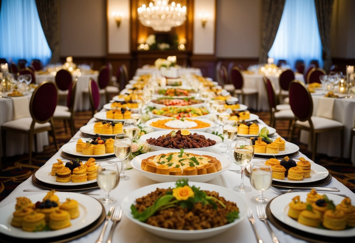 A beautifully decorated banquet hall with a long table filled with an array of delicious dishes and elegant place settings for a wedding breakfast buffet