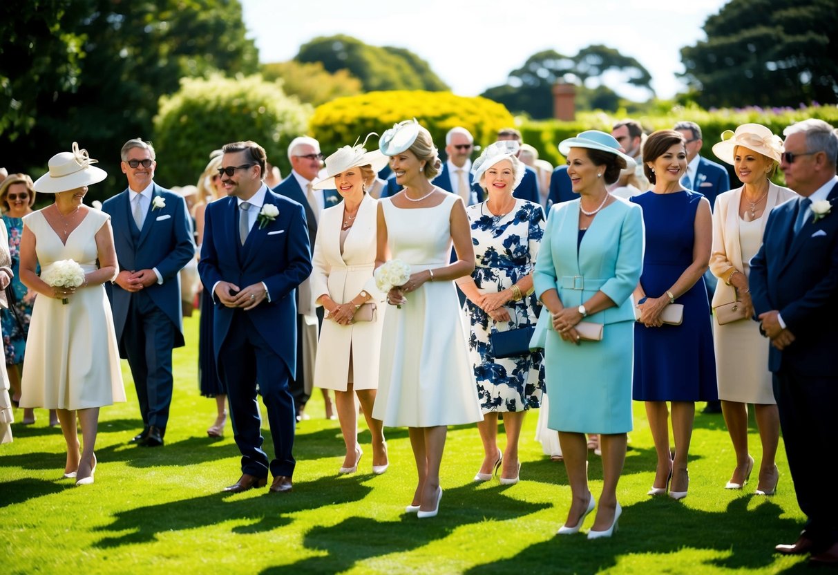 Guests in formal attire gather in a sunny garden for a morning wedding. Women wear elegant dresses and hats, while men don suits and ties