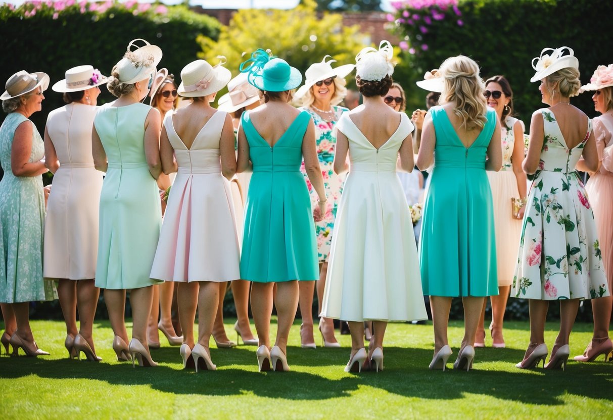 Women in elegant dresses and heels gather at a sunny garden wedding. Some wear pastel colors, others floral prints. Hats and fascinators add a touch of sophistication
