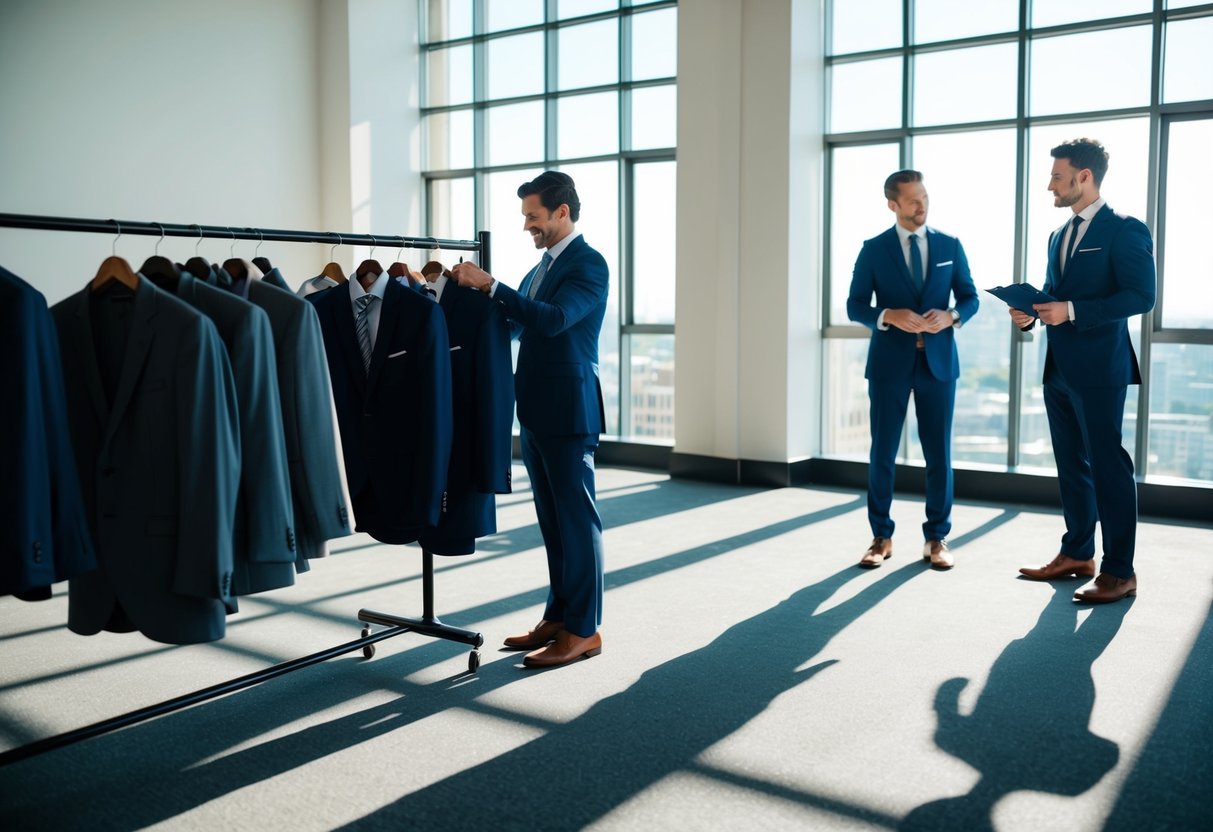 Men choosing suits and ties from a rack. Sunlight streams through large windows, casting long shadows on the floor