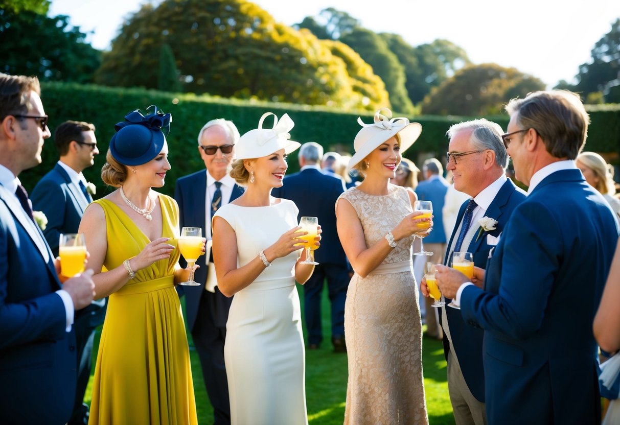 Guests in formal attire gather in a sunlit garden, sipping drinks and chatting. Women wear elegant dresses and hats, while men don suits and ties