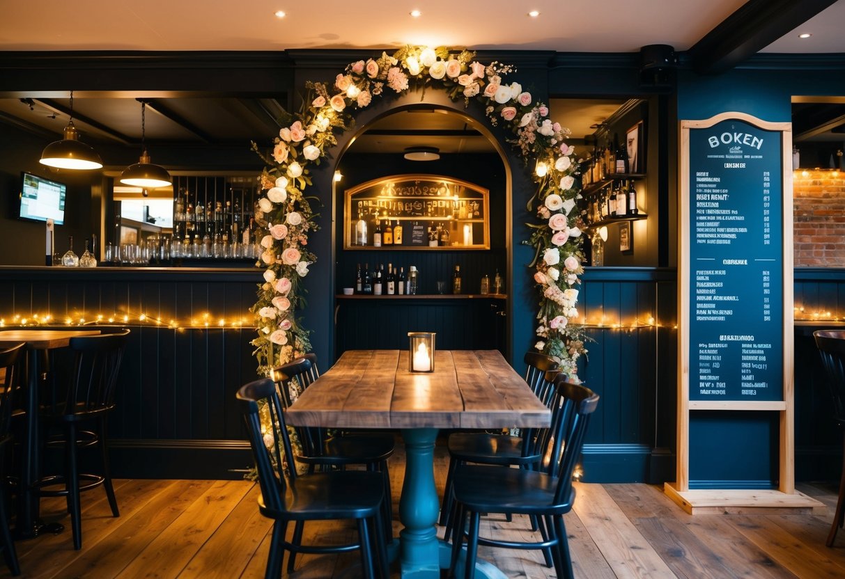 A cozy pub with fairy lights, rustic wooden tables, and a floral arch at the entrance. A chalkboard menu displays drink options