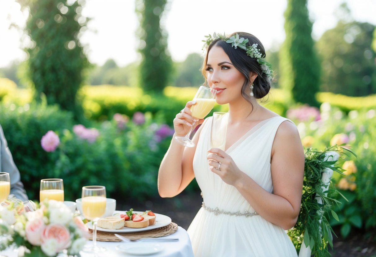A bride in a flowing white dress, with a delicate flower crown, sipping mimosas at an outdoor brunch surrounded by lush greenery and blooming flowers