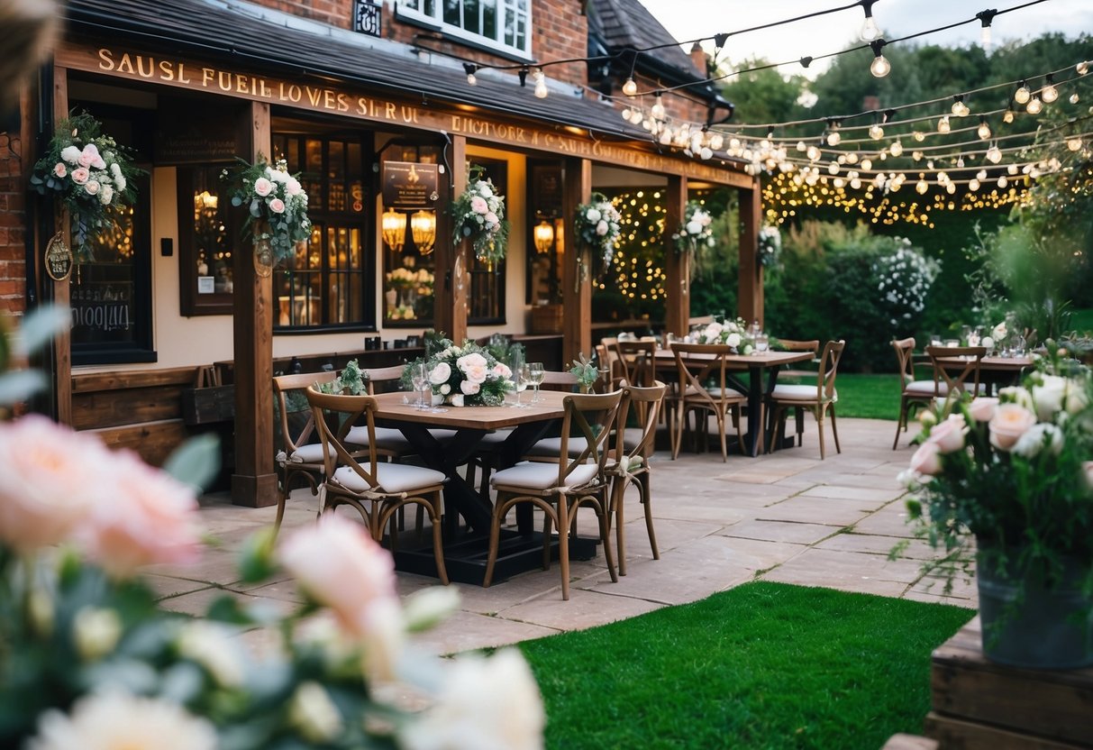 A charming pub with rustic decor and a cozy outdoor garden, adorned with fairy lights and floral arrangements, set for a romantic wedding celebration