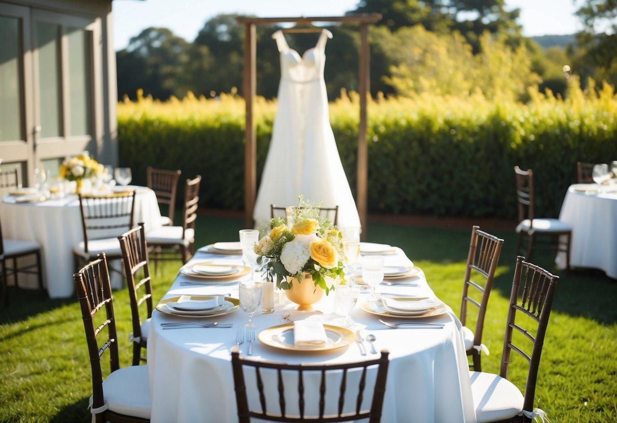 A sunny outdoor brunch setting with a table set with elegant place settings and a beautiful bridal dress hanging on a chair