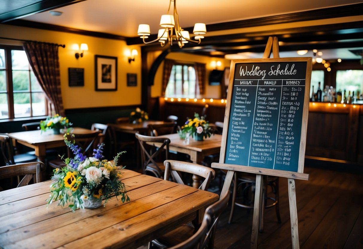 A cozy pub with twinkling lights, rustic wooden tables adorned with wildflowers, and a chalkboard sign displaying the wedding schedule