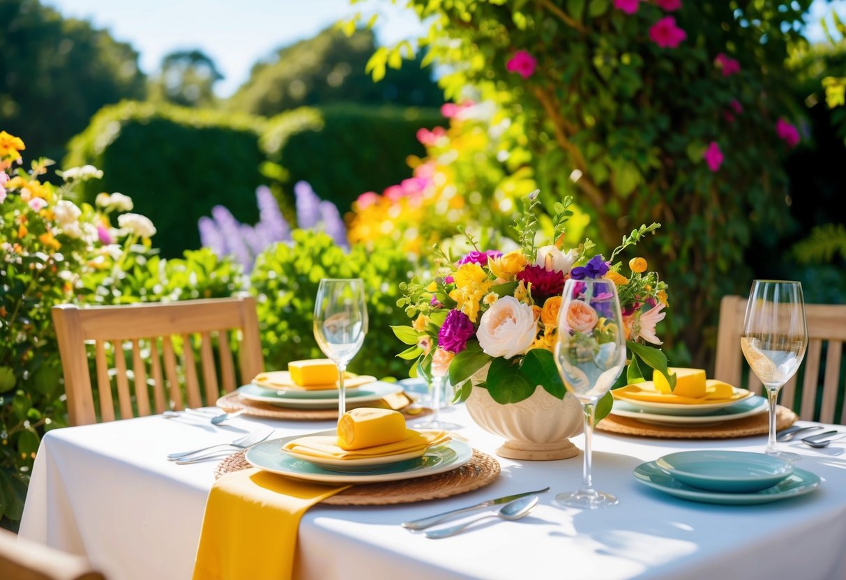 A sunny outdoor brunch setting with a table set with elegant tableware, surrounded by lush greenery and colorful flowers