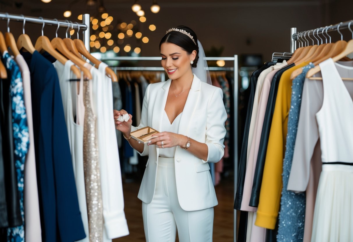 A bride choosing stylish separates for a brunch outfit, surrounded by racks of clothing and accessories