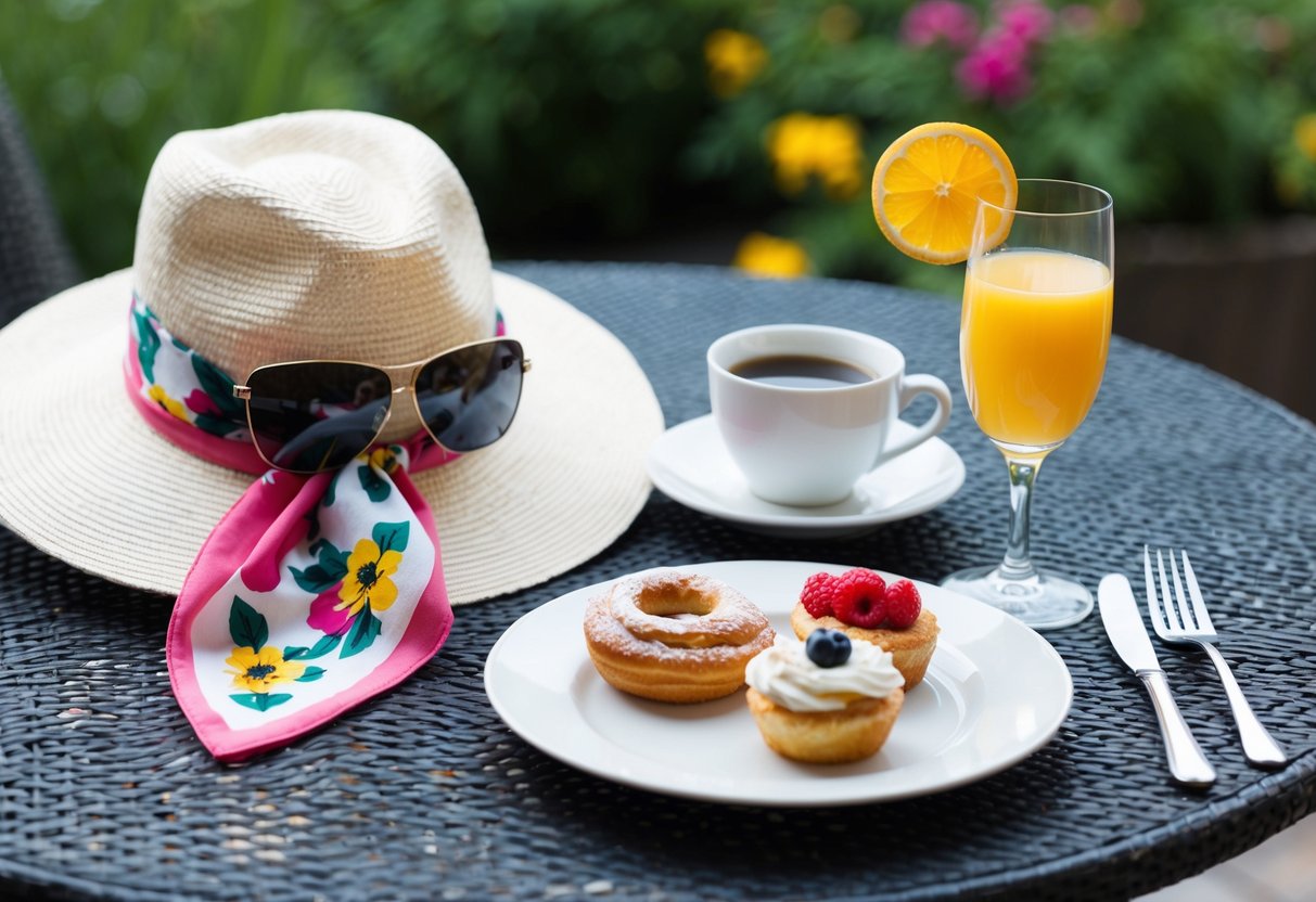 A table set with a stylish hat, sunglasses, and a floral scarf next to a plate of pastries and a mimosa