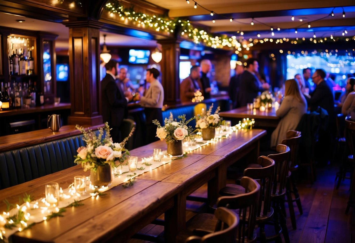 A cozy pub adorned with fairy lights, rustic wooden tables, and floral centerpieces. A lively atmosphere with guests mingling and enjoying drinks and music