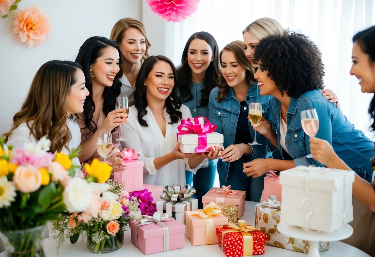 A group of women gather to celebrate, surrounded by flowers, gifts, and decorations for a bridal shower