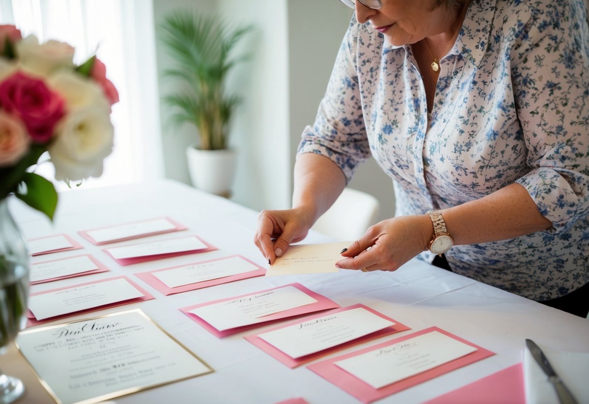 A mother carefully selects and addresses invitations for her daughter's bridal shower, arranging them neatly on a table with a guest list