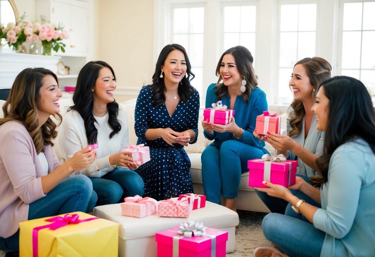 A group of women gather in a bright, elegant living room, laughing and chatting as they play bridal shower games and open gifts