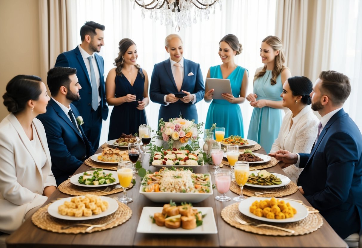 A table set with various food and drink options for a bridal shower, with a group of people gathered around, discussing and planning the budget for the event