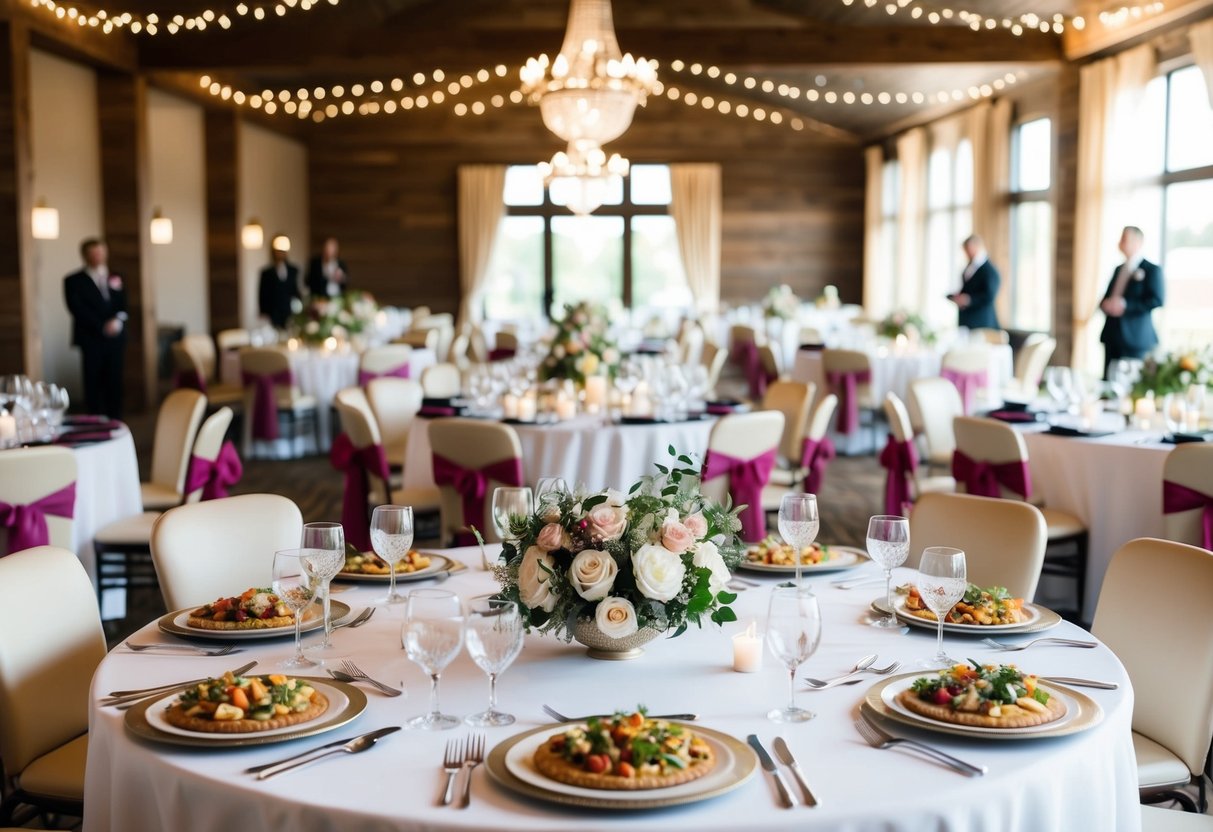A beautifully decorated venue with a bridal shower theme, featuring elegant table settings and food laid out for guests to enjoy