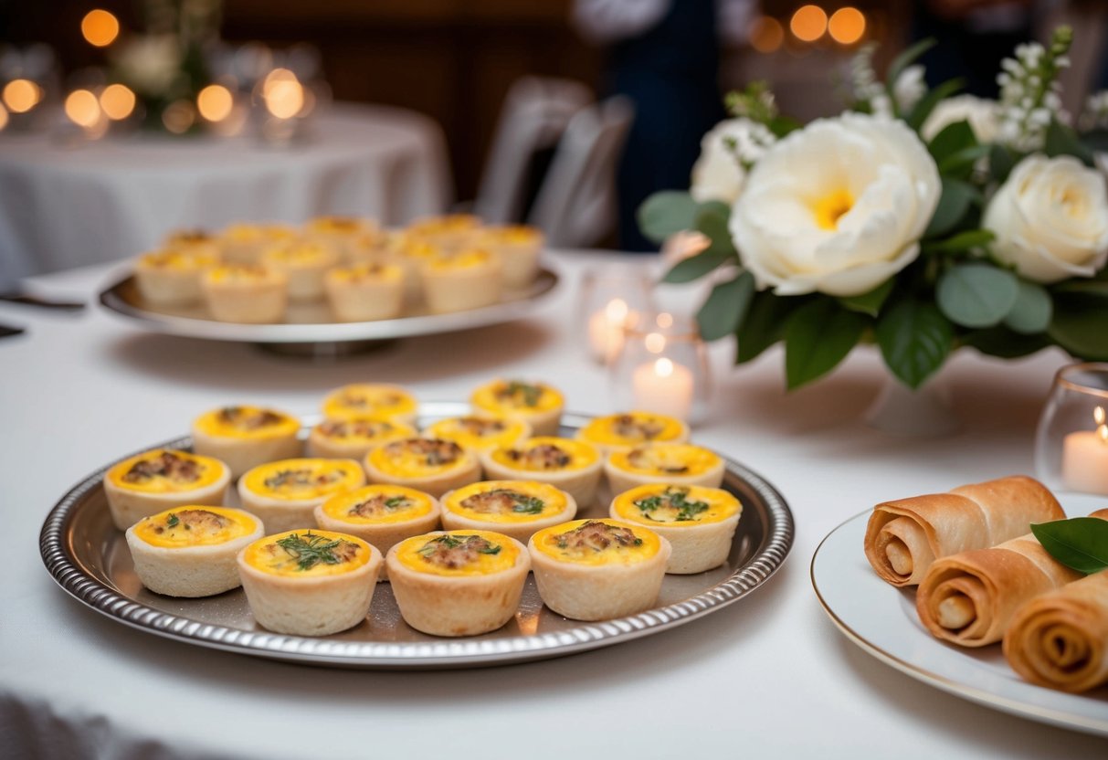 A platter of mini quiches and spring rolls on a decorated table at a wedding reception