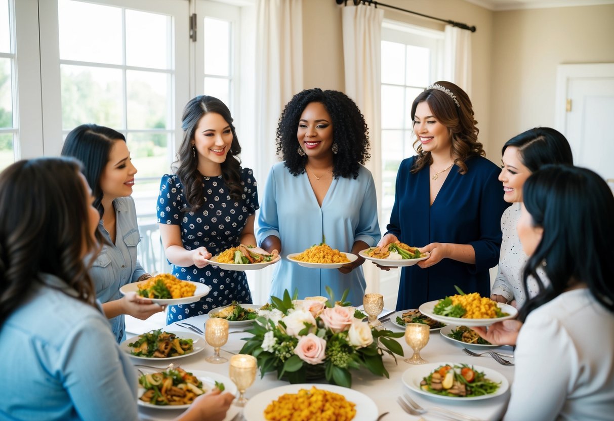 A group of women gathered around a table, passing dishes of food and discussing who will cover the bill for the bridal shower meal