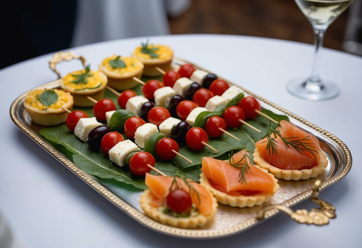 A platter of bite-sized caprese skewers, mini quiches, and smoked salmon canapés on a decorative tray at a wedding cocktail hour