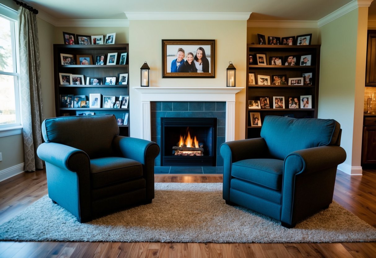 A cozy living room with two empty armchairs facing each other, a fireplace, and a bookshelf filled with family photos