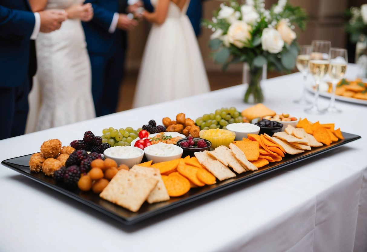 A platter of assorted bite-sized snacks on a table at a wedding reception