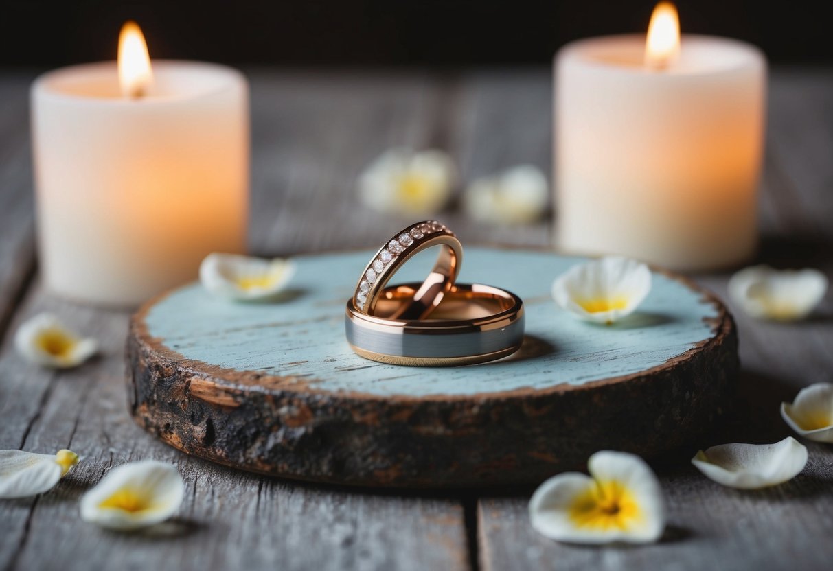 A pair of wedding rings resting on a worn wooden surface, surrounded by soft candlelight and delicate flower petals