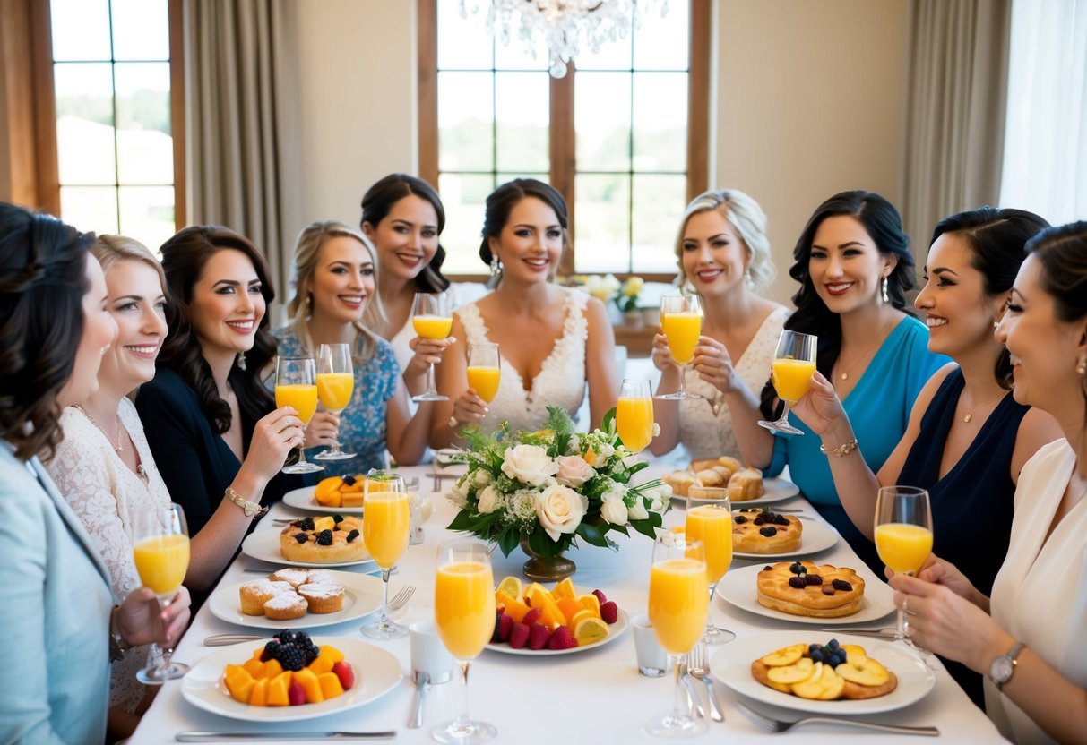 A group of women gathered around a table, sipping mimosas and enjoying a spread of pastries and fruit for a bridal brunch. In contrast, a bridal shower features gift-giving and games in a more formal setting