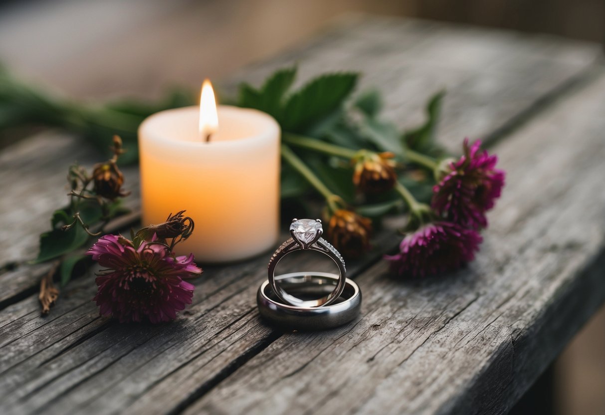 A wedding ring placed on a weathered wooden table, surrounded by wilted flowers and a flickering candle