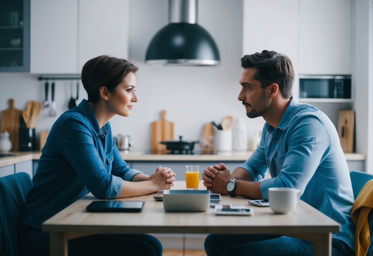 A couple sitting at a table, facing each other with a tense expression, surrounded by modern technology and household chores