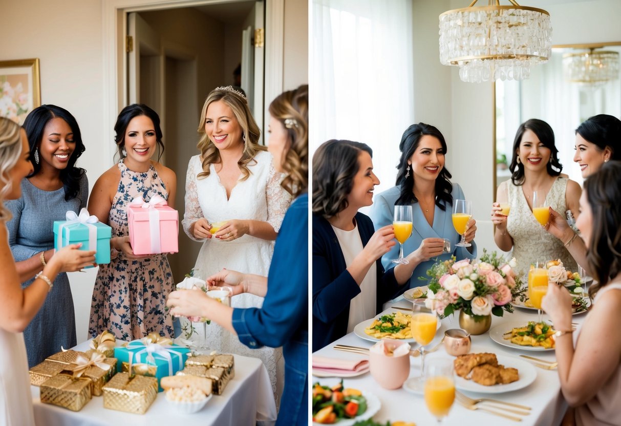 A group of women gather for a bridal shower, bringing gifts and playing games. Another group enjoys a bridal brunch, sipping mimosas and chatting over a spread of food