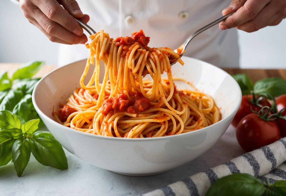 A chef tossing pasta with tomato sauce and fresh basil