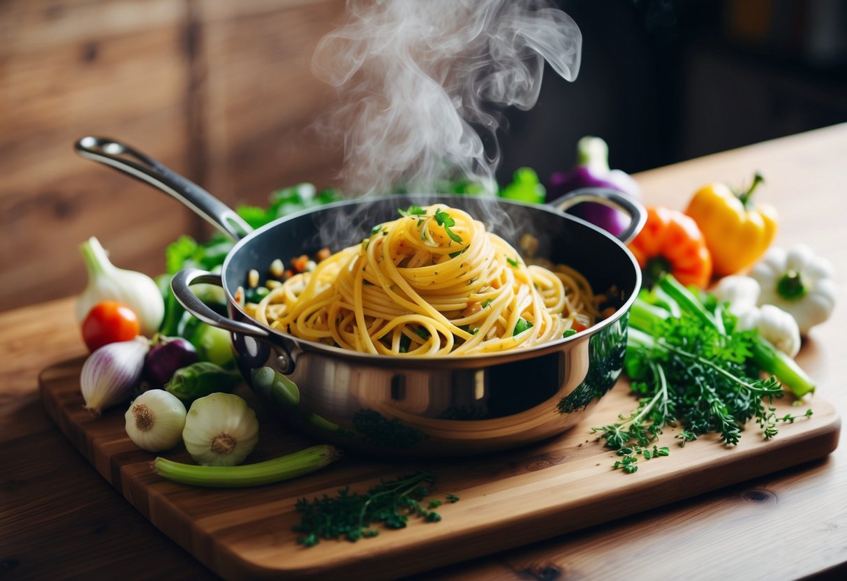 A steaming pot of bride pasta surrounded by colorful vegetables and herbs on a wooden cutting board