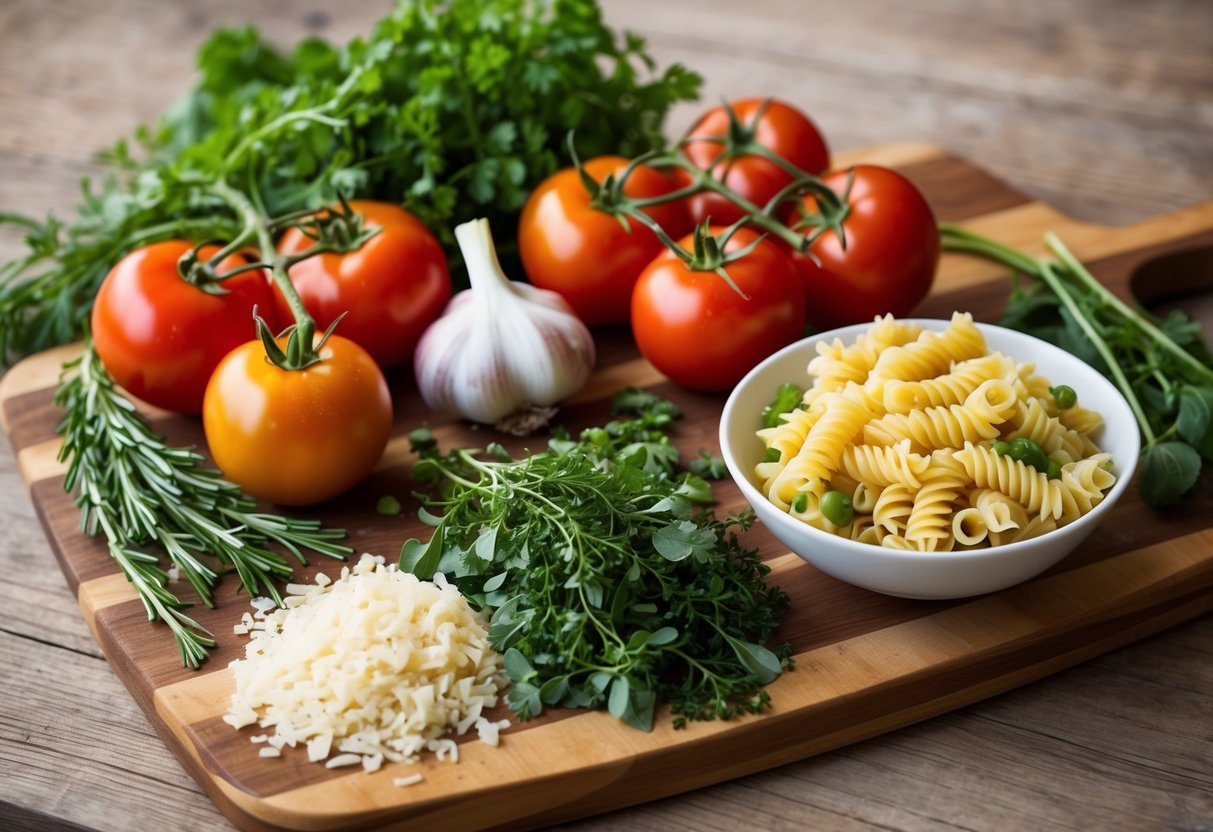 A wooden cutting board with a variety of fresh herbs, tomatoes, garlic, and a bowl of uncooked pasta